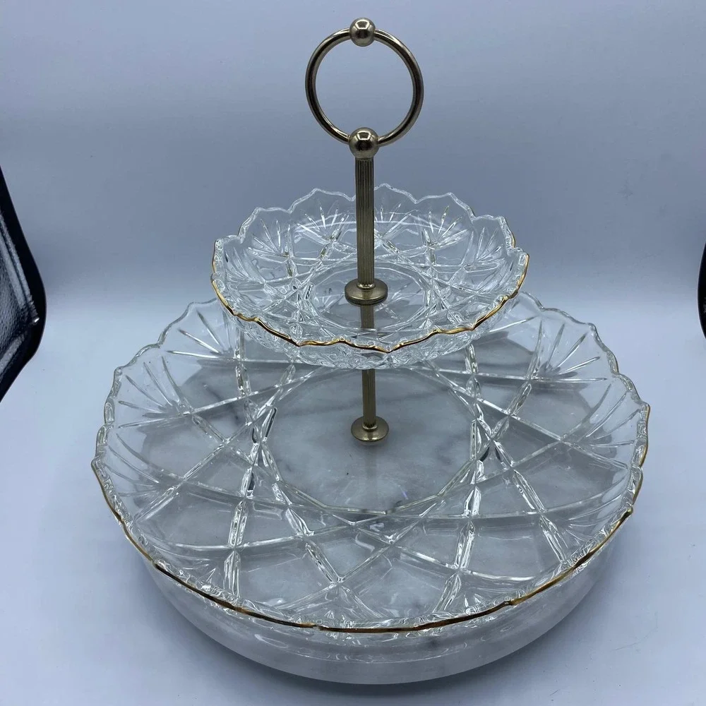 Vintage Mikasa Crystal Hampshire 2 Tier Gold Rim Glass Serving Stand Tray 12in